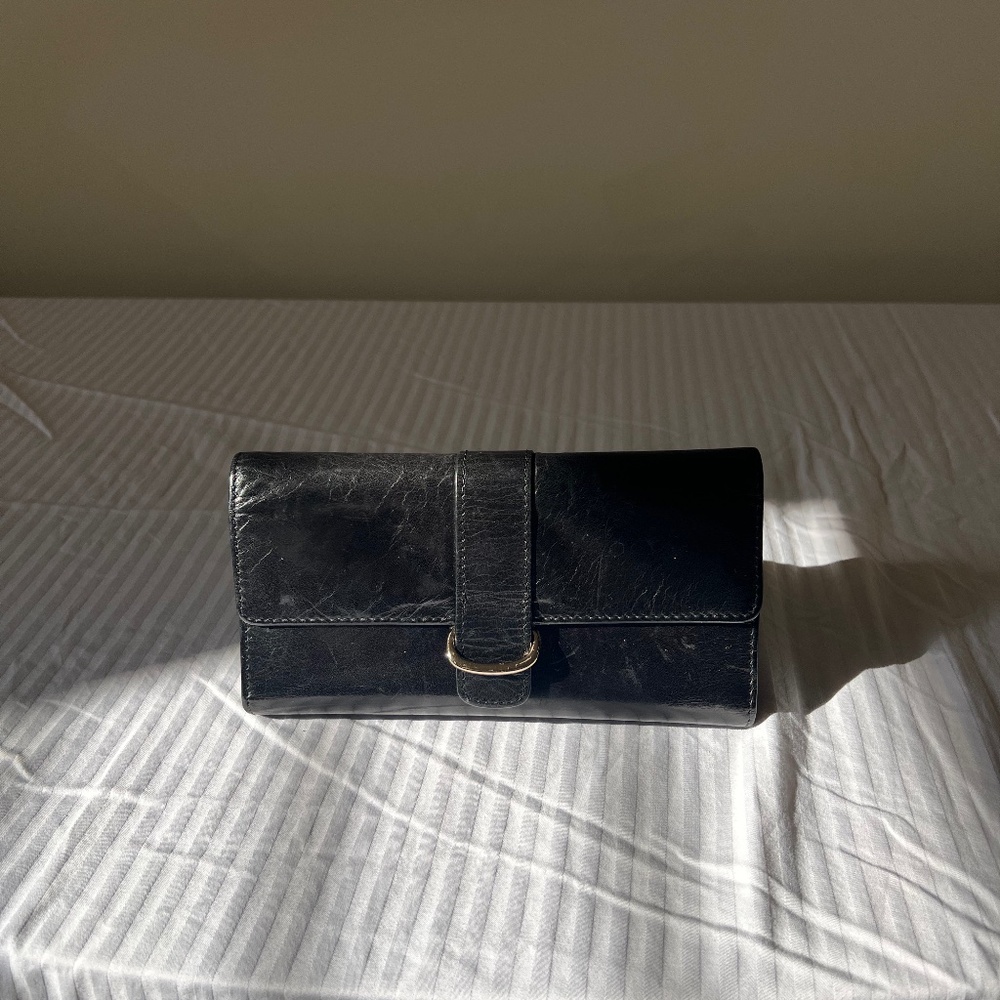 🔴Soft Black Calf skin Leather Wallet w/Gold-tone Ring